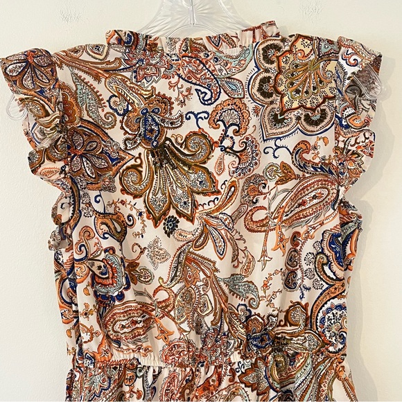 THML Boho Paisley Print Tassal Tie Mini Dress Ruffled Neck Flutter Sleeves - Picture 7 of 16